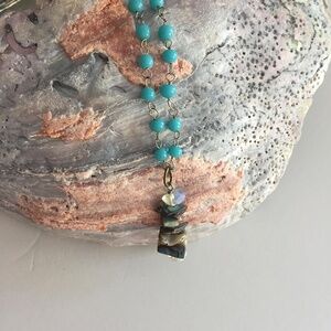 Colorful blue Y-necklace with opal and jasper gemstone pendant - faux turquoise